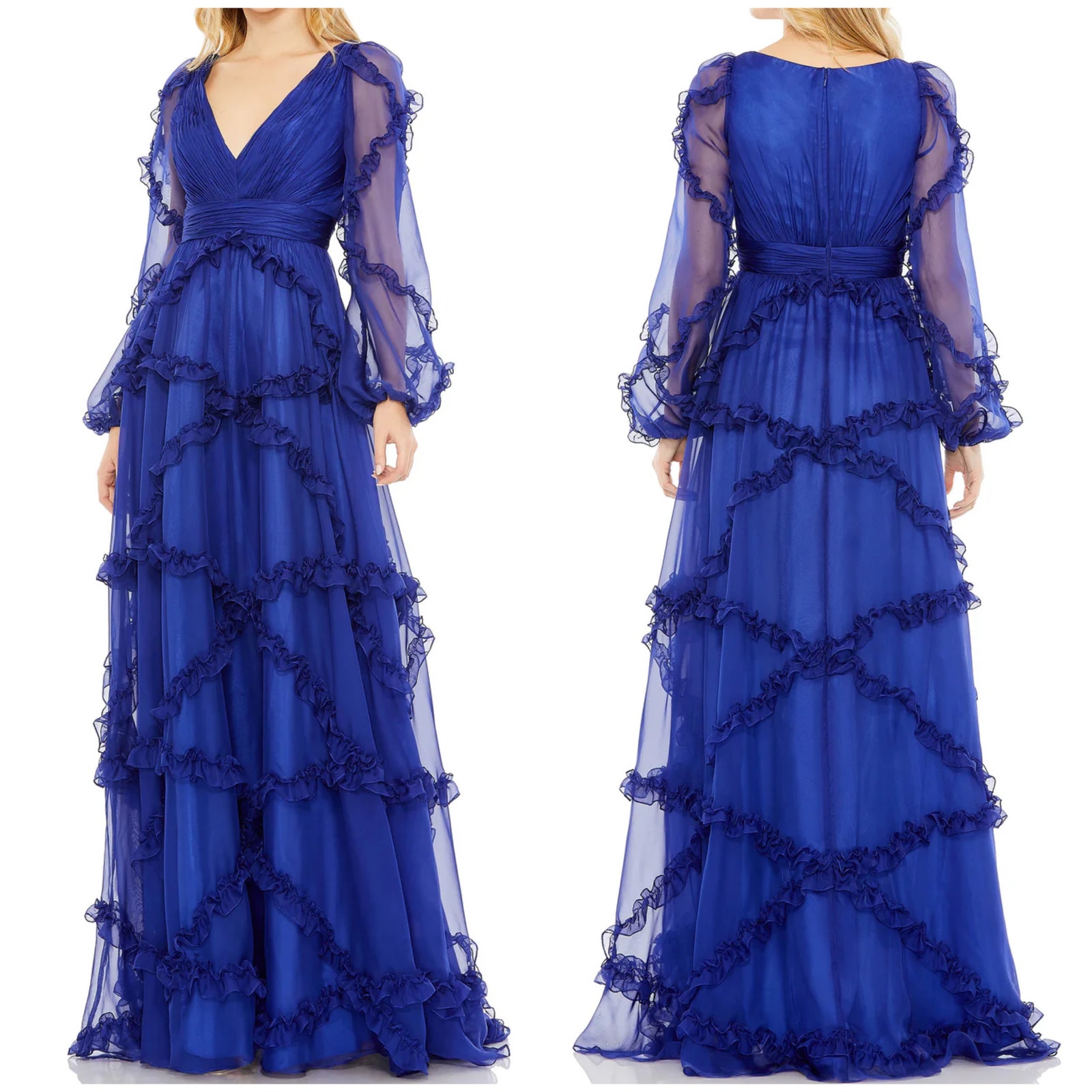 Mac Duggal Nwt V Neck Cascade Ruffle Tiered Puff Sleeve Gown Sapphire Size 18